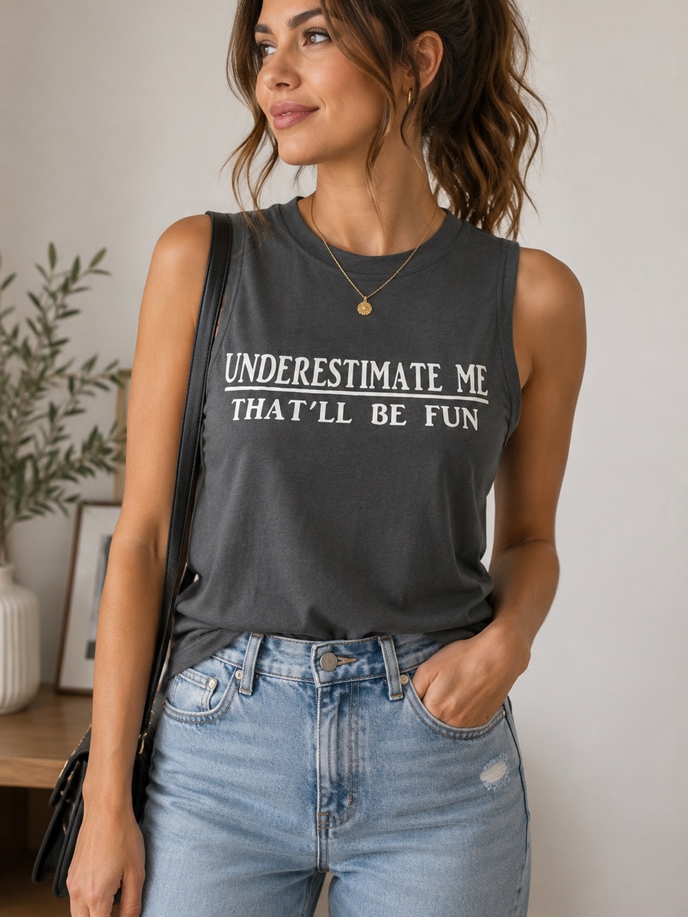 Underestimate Me That’ll Be Fun Graphic Muscle Tank Gray S/M